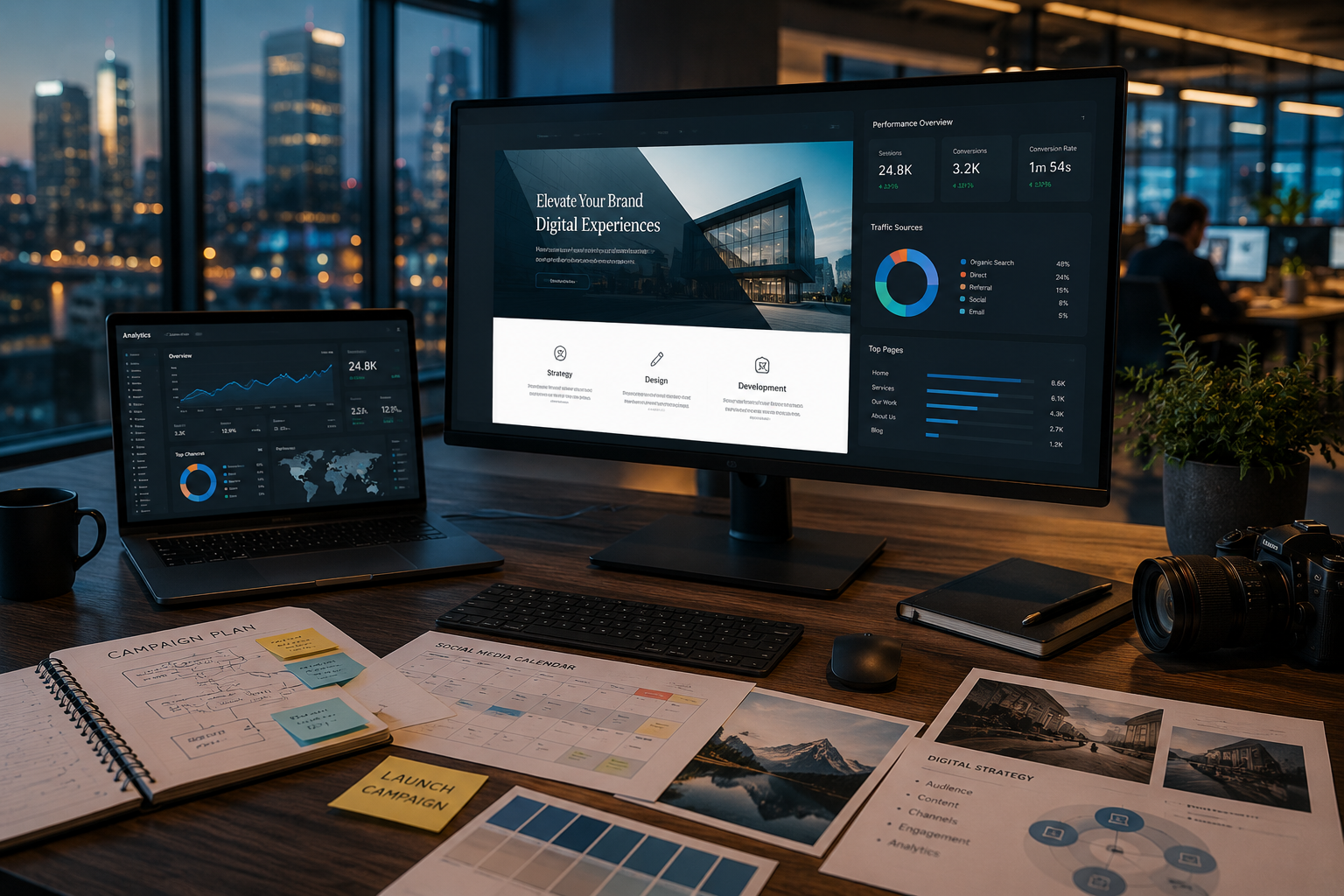 Digital marketing campaign planning with website and analytics dashboards
