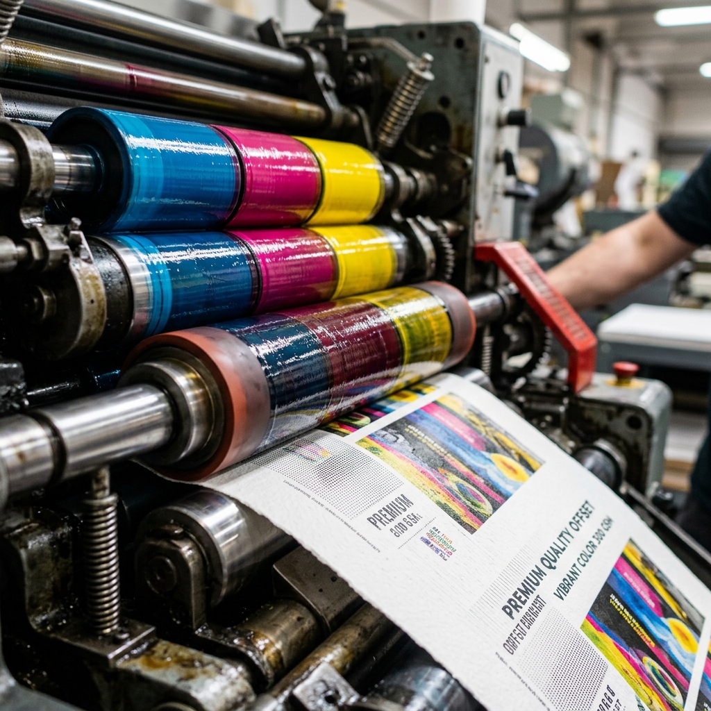 Industrial offset printing press in production
